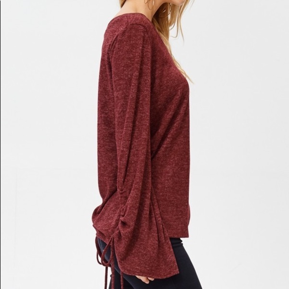 Burgundy V-Neck Drawstring Bell Sleeve Sweater - Picture 3 of 3